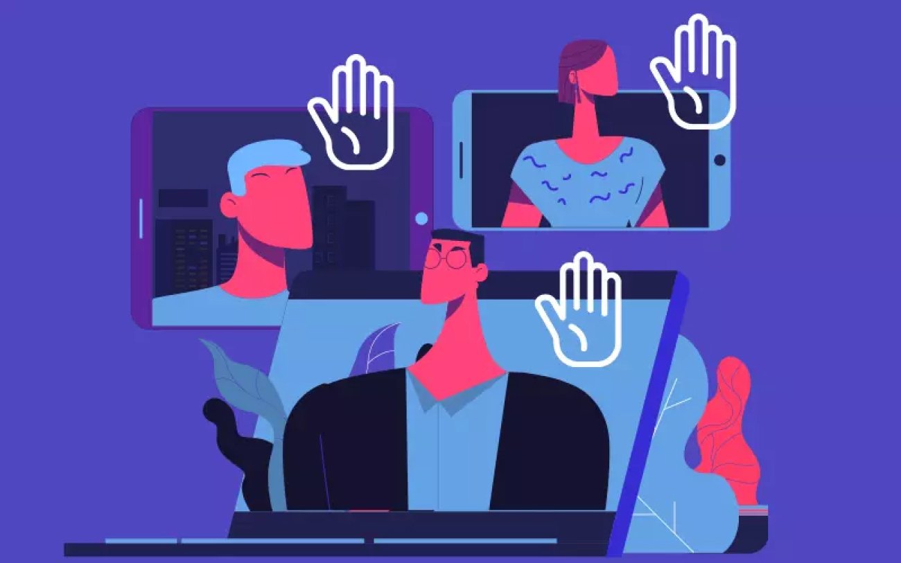 Imagem em desenho composta de pessoas sendo projetadas em telas de computador