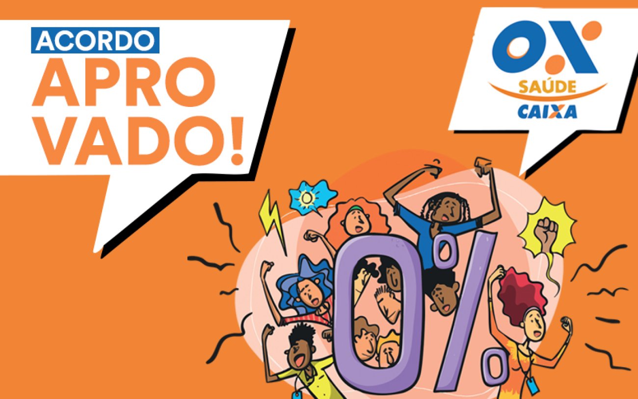 Ilustração de trabalhadores comemorando a aprovação do acordo do Saúde Caixa, com reajuste zero