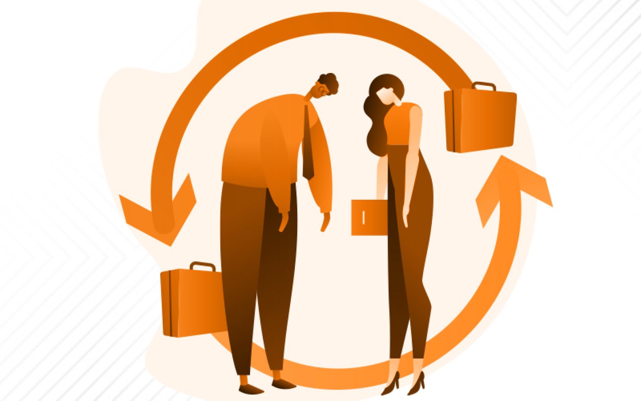 Imagem em desenho mostra duas figuras humanas, uma masculina e outra feminina, lado a lado e com as cabeças baixas, de um círculo formado por duas flechas, uma apontada para baixo e outra para cima