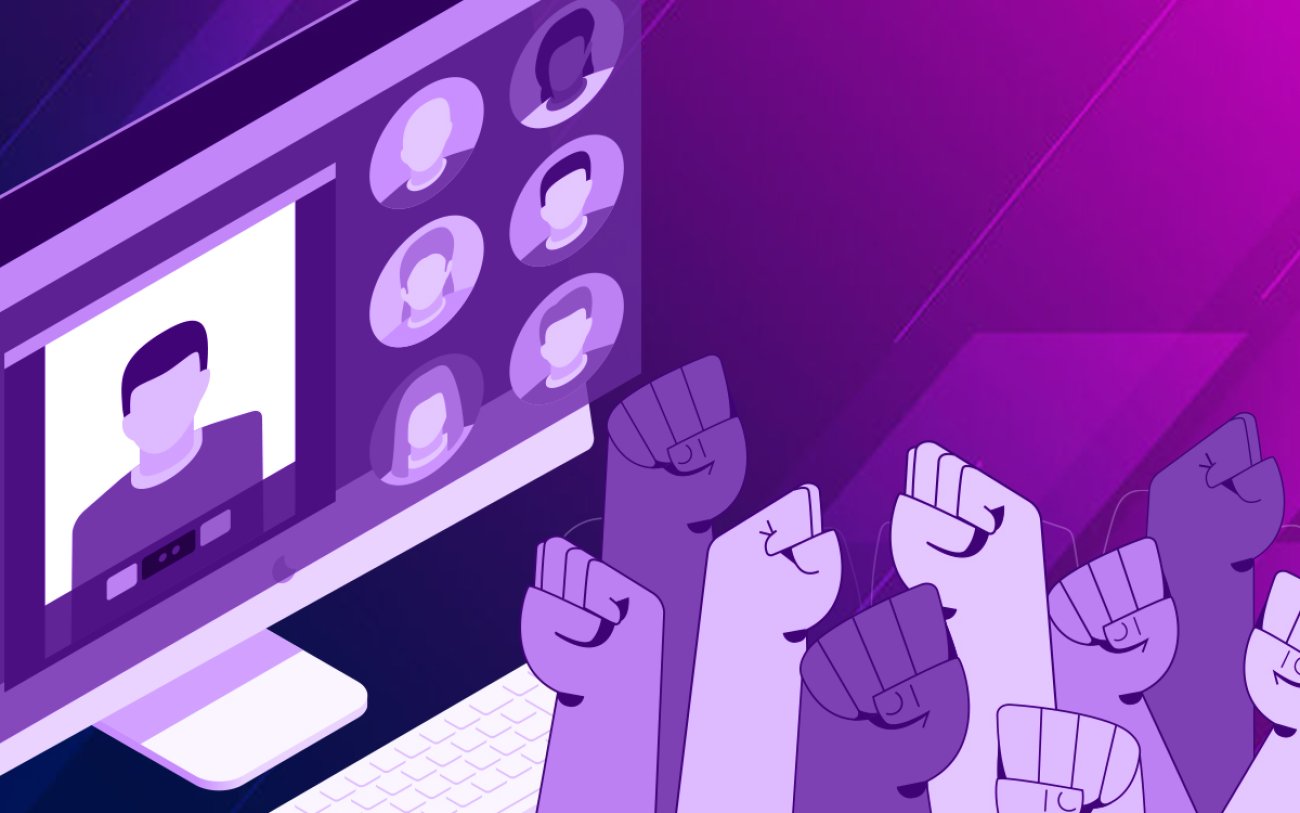 Imagem de uma plenária virtual, com punhos para cima