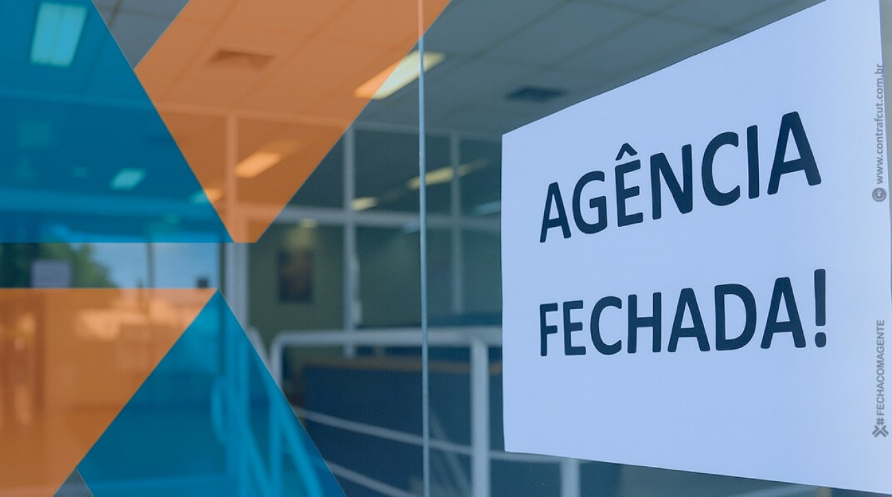 fotografia mostra agência da Caixa no fundo com cartaz escrito agência fechada