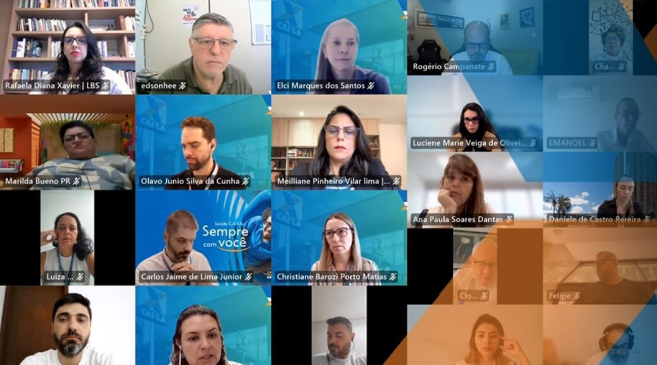 Print da tela de reunião virtual. A imagem mostra os rostos dos participantes da reunião, lado a lado