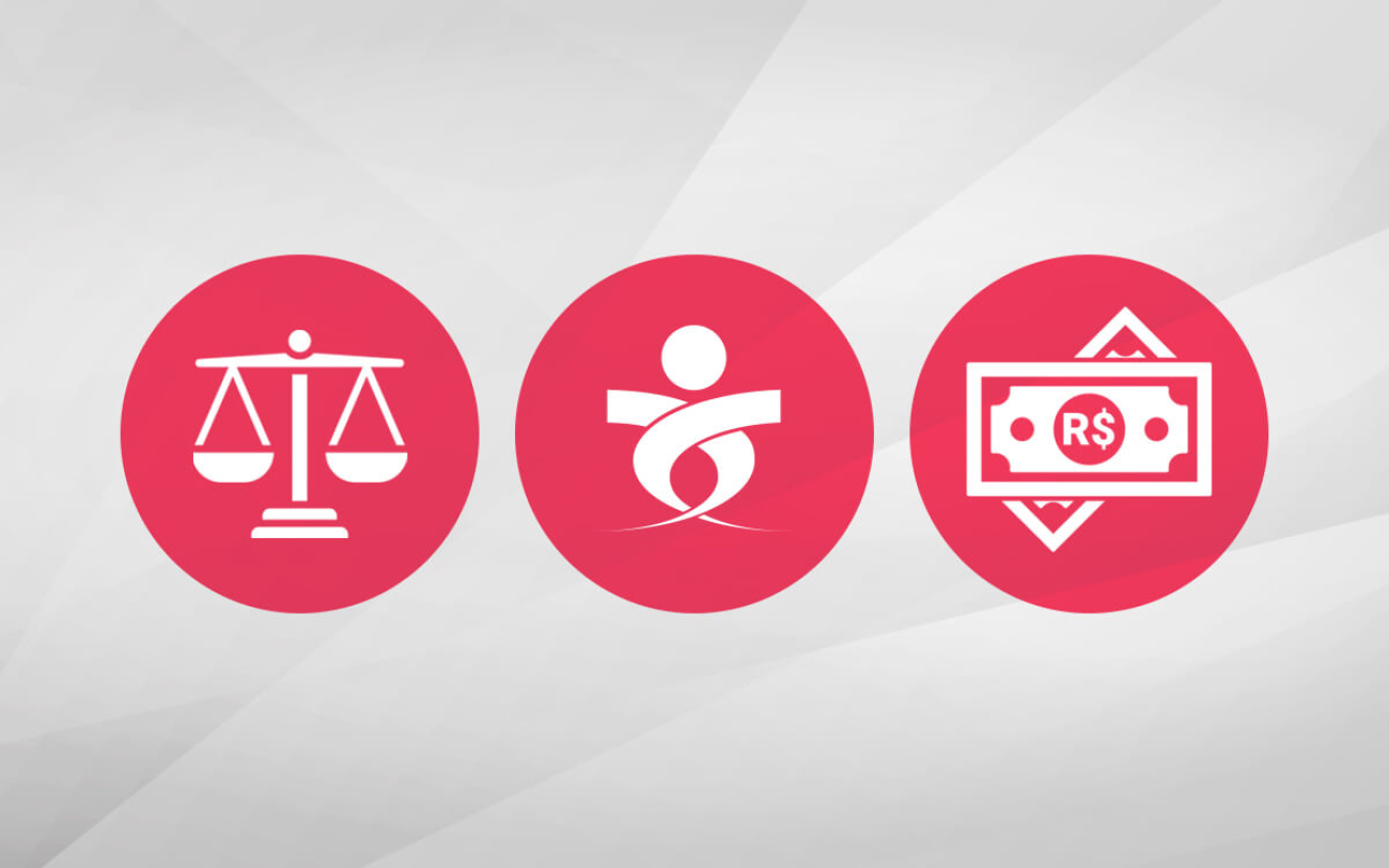 Imagem com ícones de justiça, logo do sindicato e notas de dinheiro (Montagem: Linton Publio)