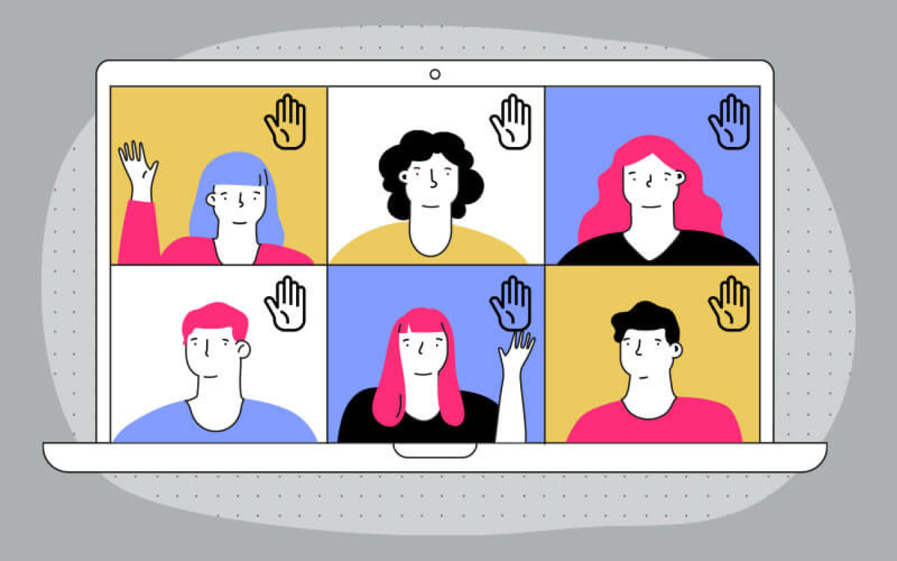 Arte com desenho de uma tela de computador mostrando várias janelas com pessoas de mãos levantadas