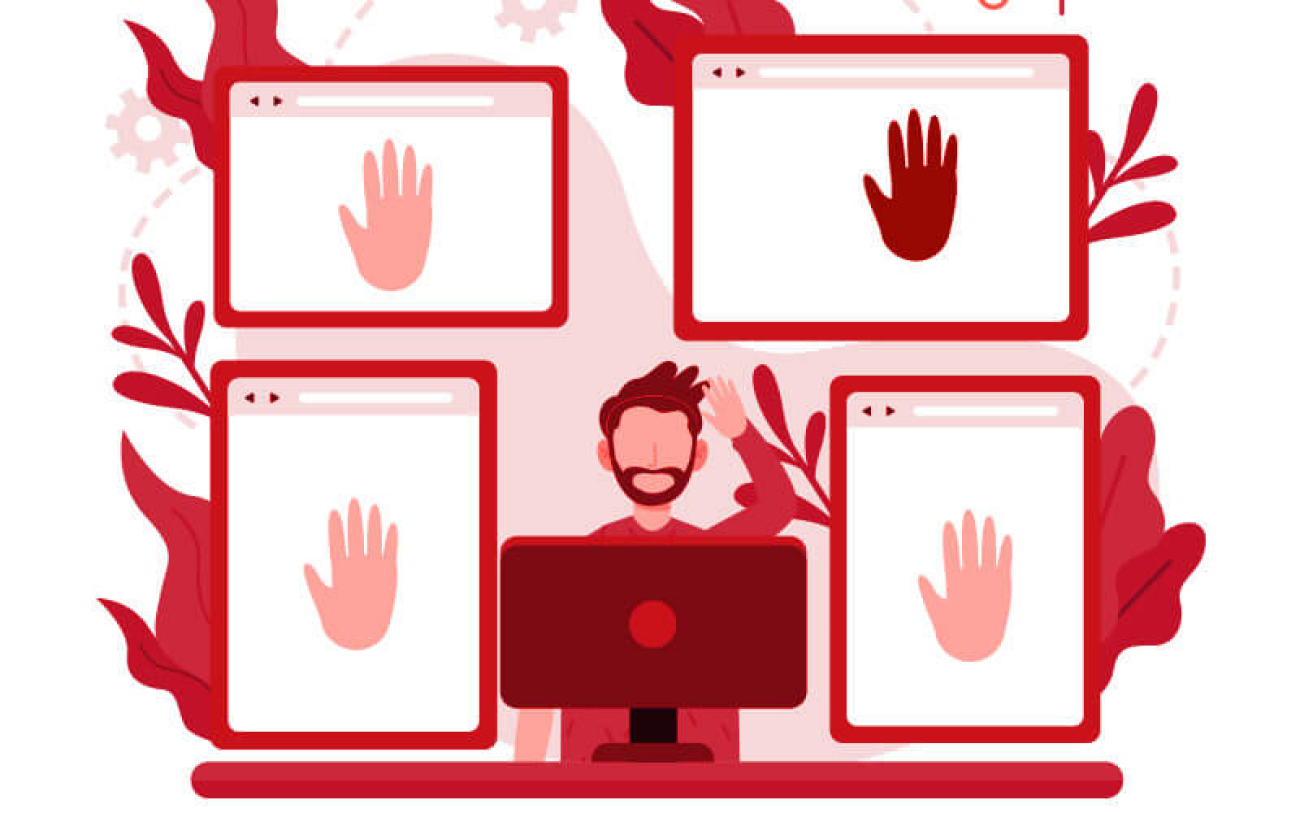 Arte com desenho de telas de computador que mostram mãos levantadas