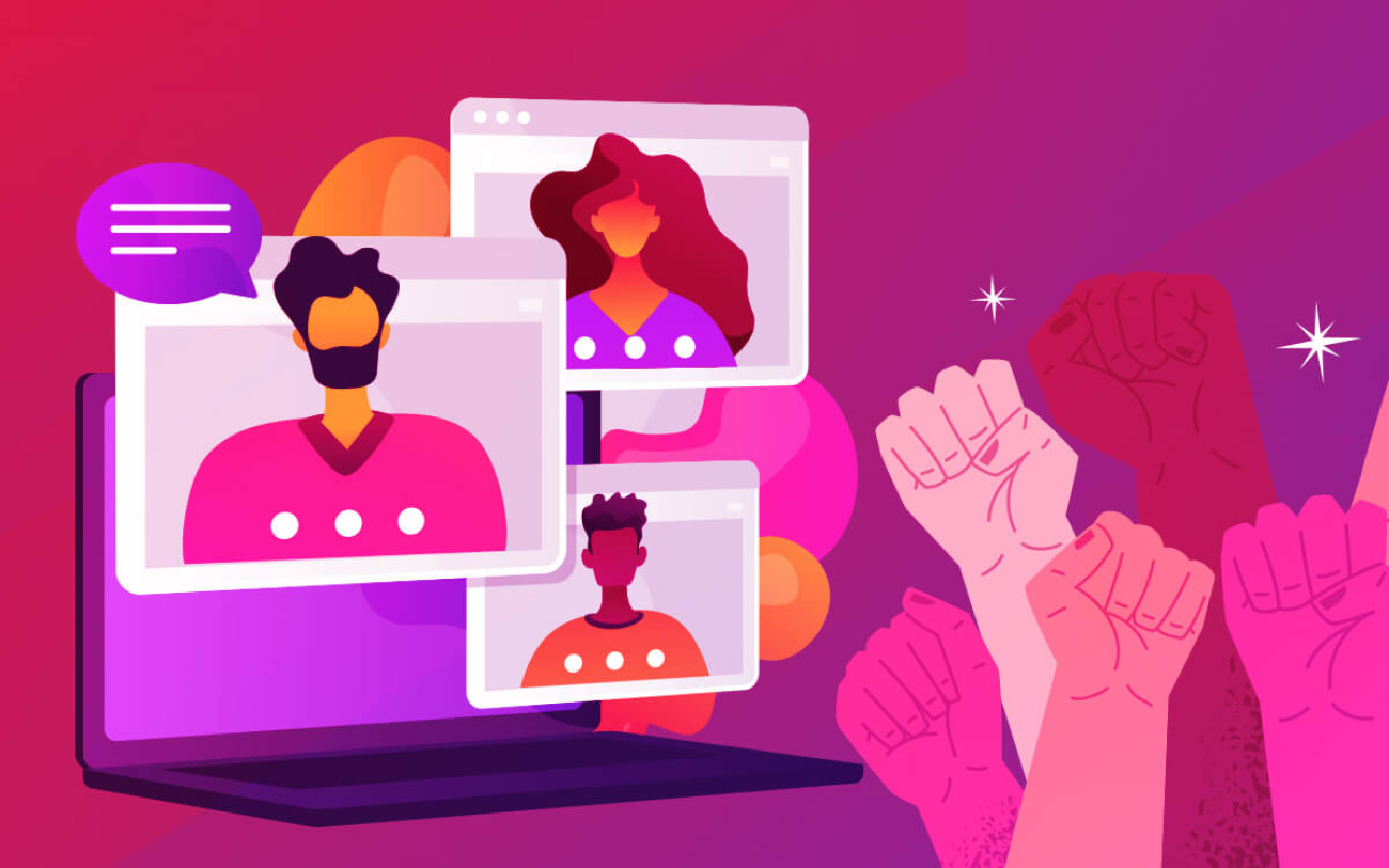 Imagem de um computador, com pessoas em janelas de vídeo, representando uma plenária virtual, acompanhada de punhos cerrados para o alto, representando a luta coletiva (Montagem: Linton Publio)