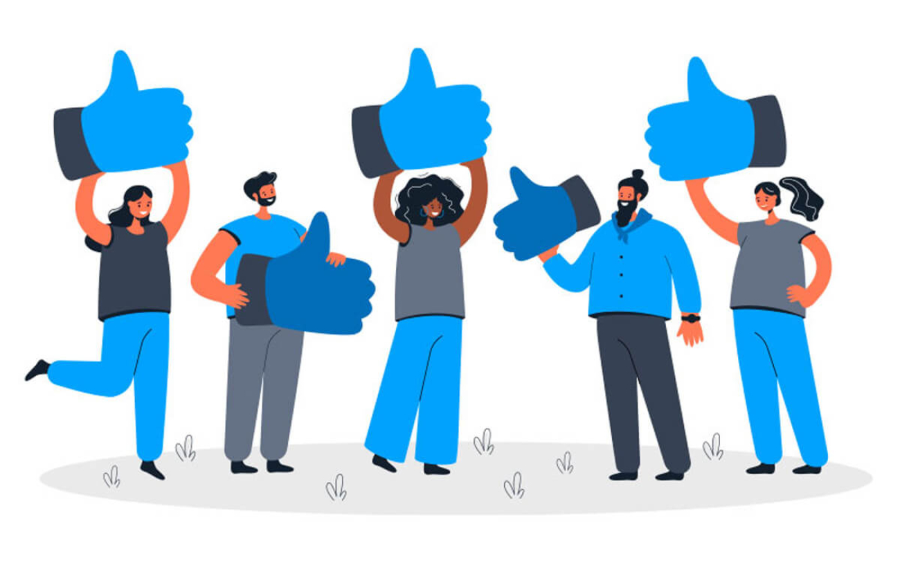 Arte: desenho de pessoas segurando mãos gigantes fazendo sinal de "ok"