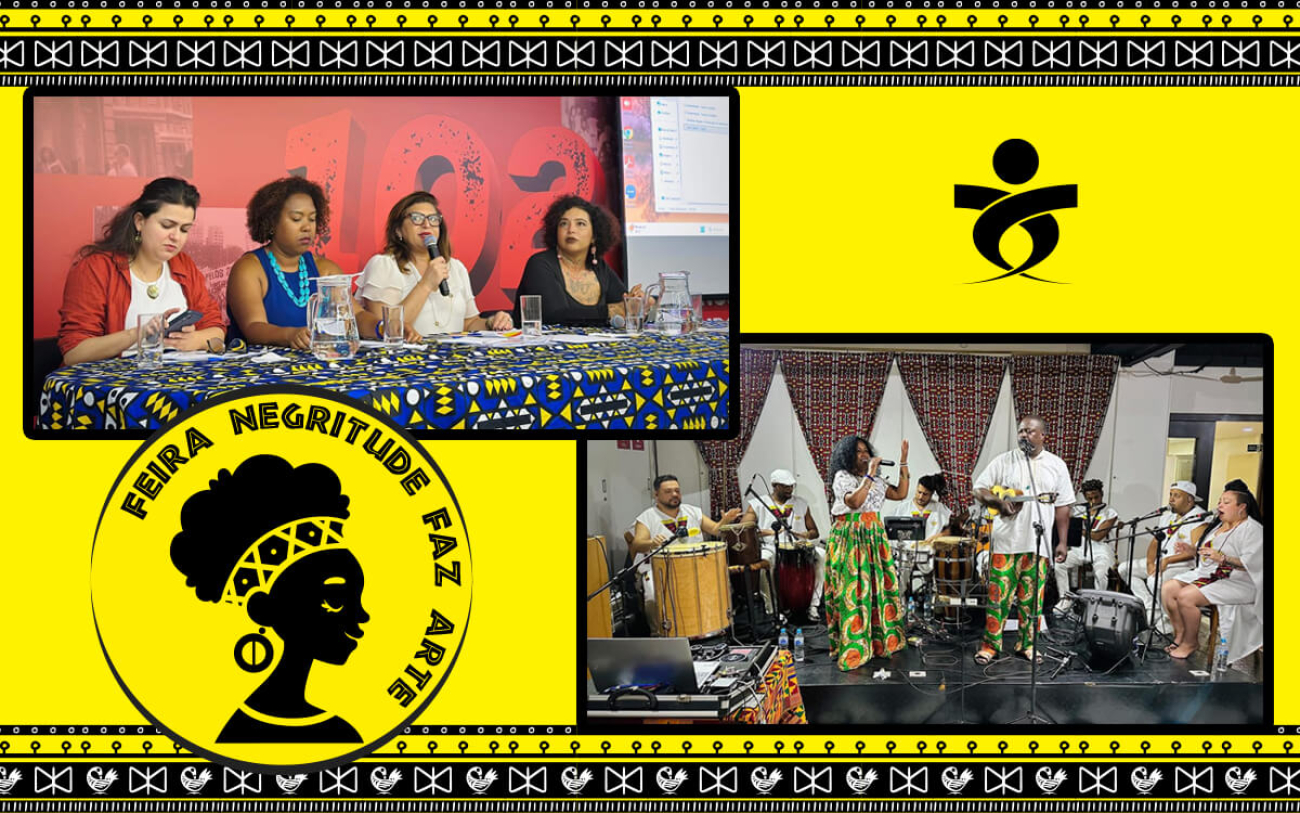 Montagem com foto de seminário e foto do show de samba, ao fundo a arte do mês da Consciência Negra