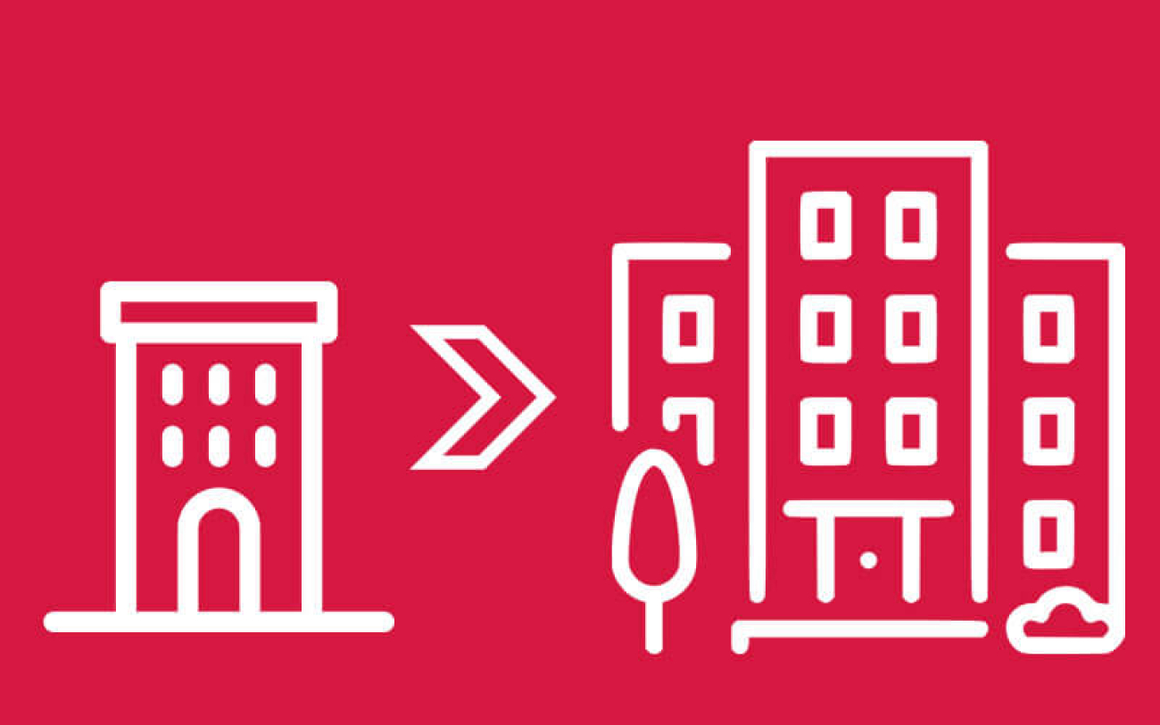 Imagem em desenho composta de dois prédios. Entre eles há uma flecha apontando para a direita