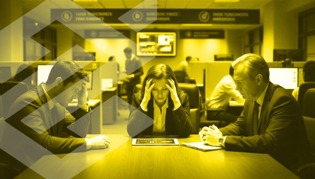 Imagem com filtro amarelo e marca d´água do logo do banco do brasil mostra três pessoas com semblante preocupado sentadas em uma mesa