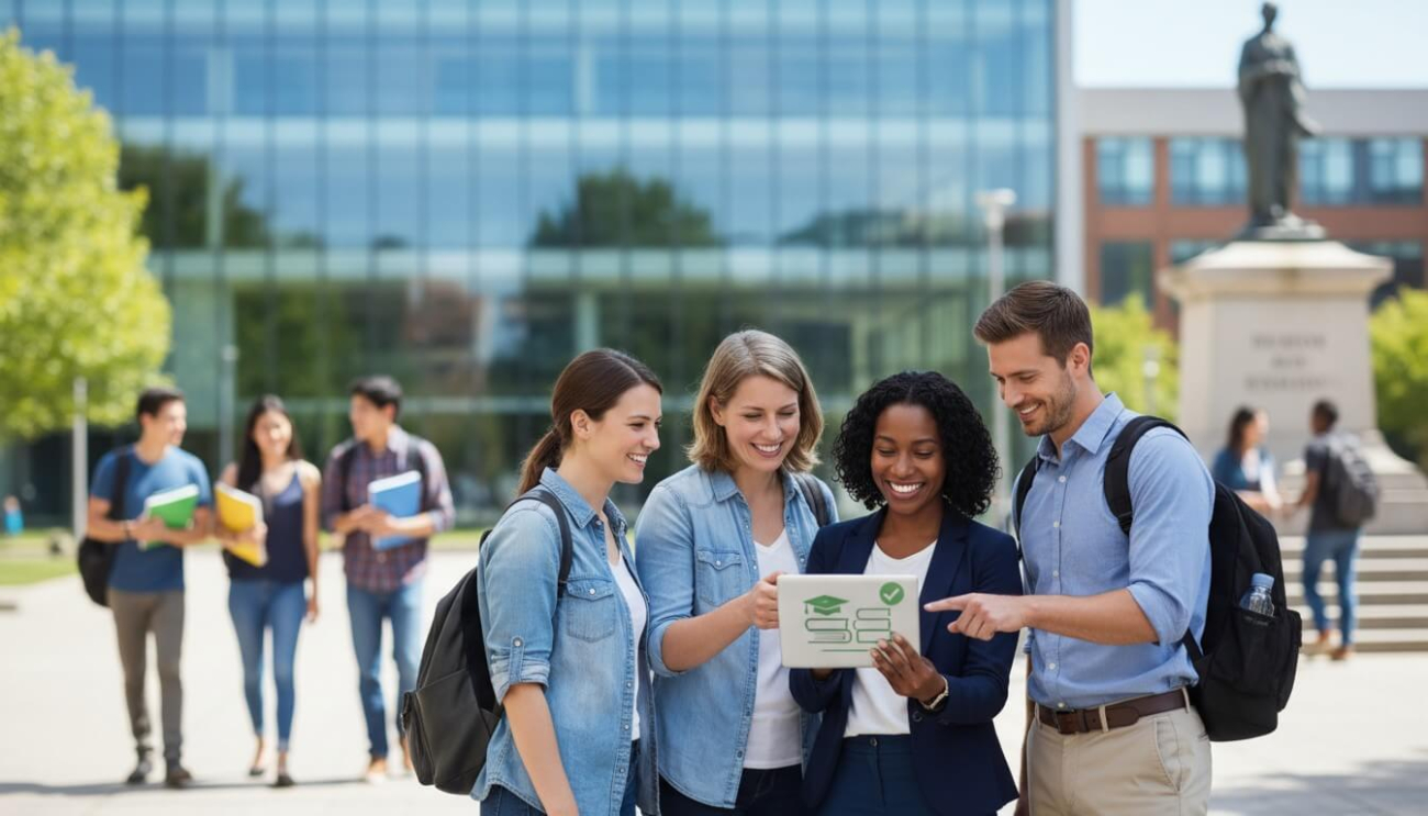 Imagem de estudantes em frente de uma universidade