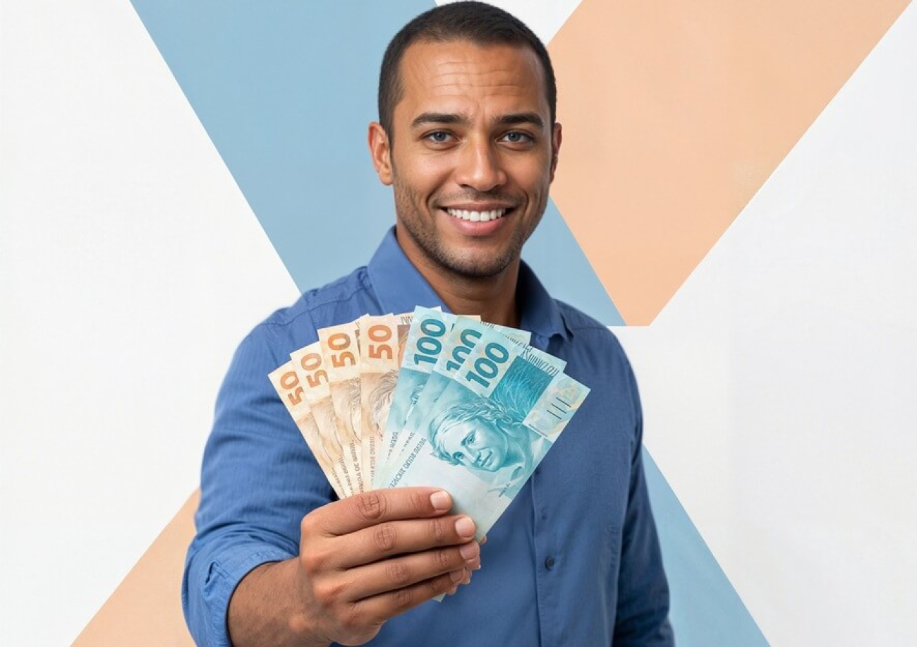 Imagem mostra um homem segurando cédulas de R$ 100 e de R$ 50. Ele usa uma camisa azul e está sorrindo enquanto exibe as notas para a câmera. atrás dele há o "X" do logo da Caixa