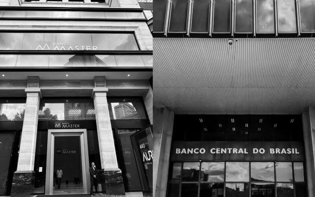 Montagem exibe as fachadas dos prédios das sedes do banco master e do banco central, lado a lado, em preto e branco
