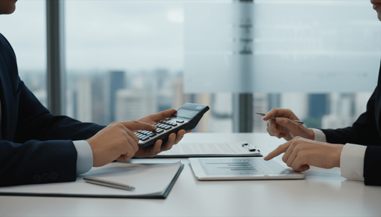 Imagem mostra homens sentados frente a frente em uma mesa. Um deles porta uma calculadora. outro aponta para um documento.