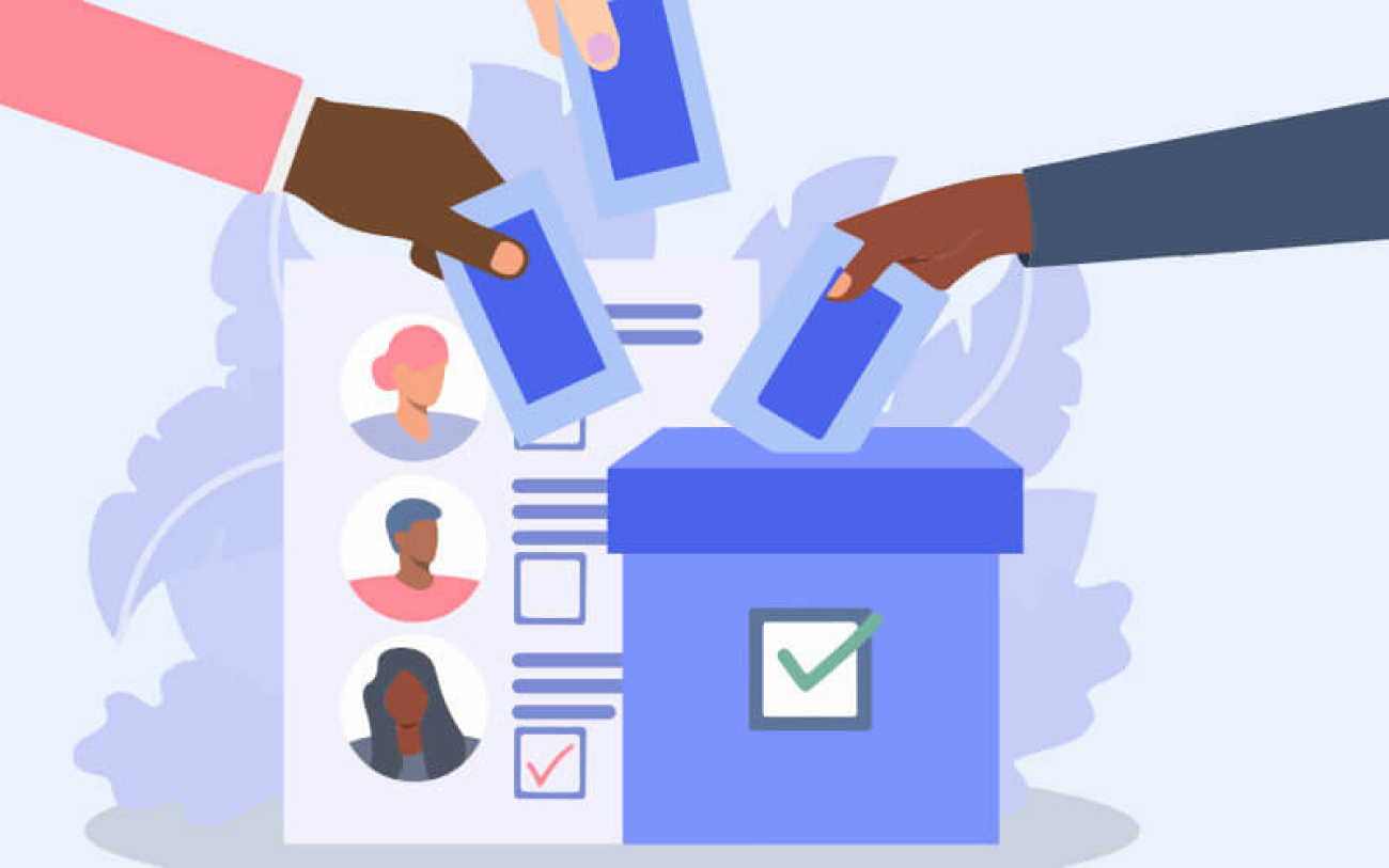 Desenho dee uma urna com mãos depositando cédulas