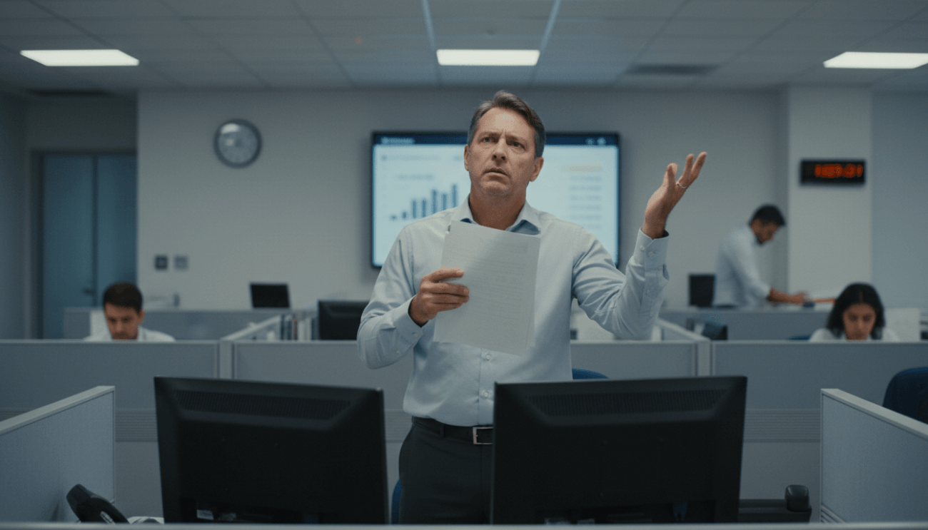 Imagem de um homem em pé, com expressão de indignação, em uma sala com outros trabalhadores entados em seus computadores