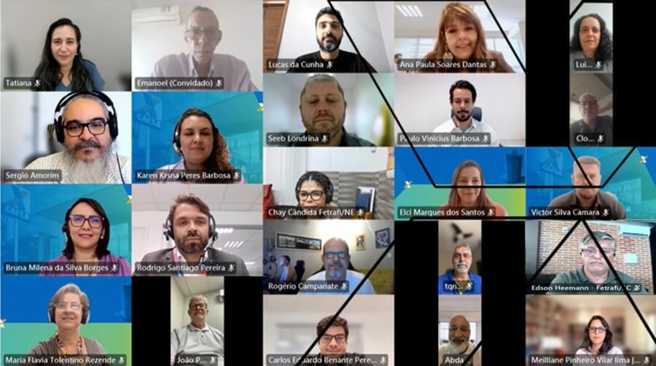 Imagem mostra print da tela da negociação online com a direção da Caixa, onde se vê os rostos dos membros da comissão executiva dos empregados da caixa