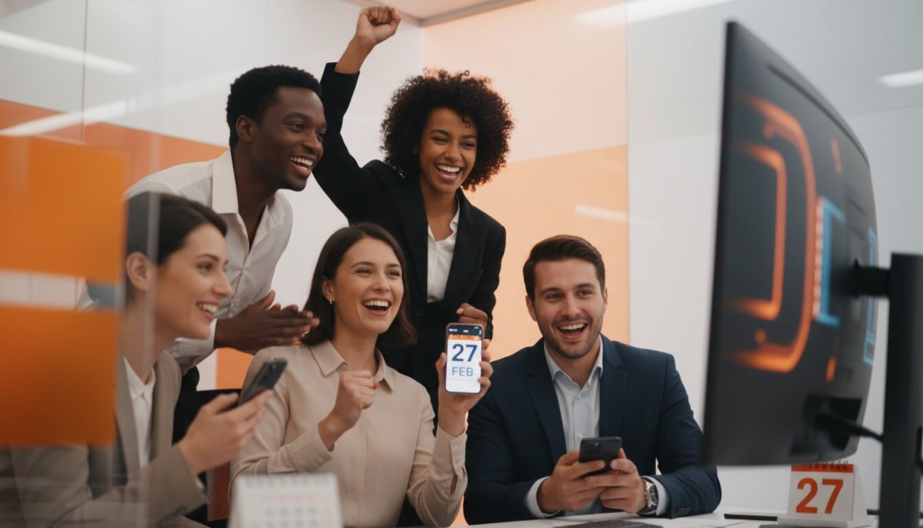 Imagem de bancários felizes, comemorando