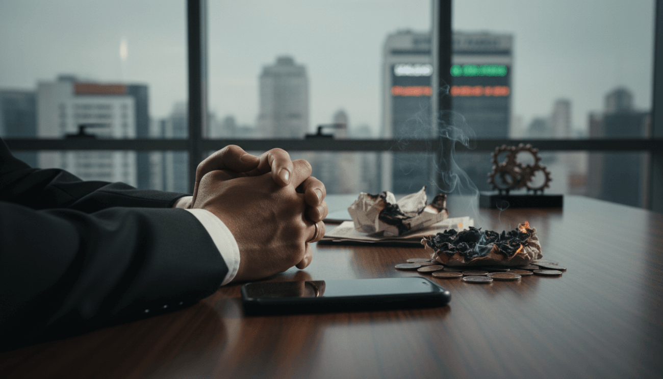 Imagem mostra um braço de homem vestido com terno, em uma mesa de trabalho, com notas de dinheiro queimando