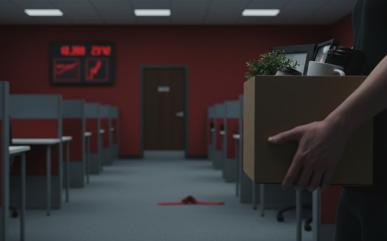 Imagem mostra uma agência vazia, com uma pessoa segurando seus pertences, em referência a uma demissão, em primeiro plano