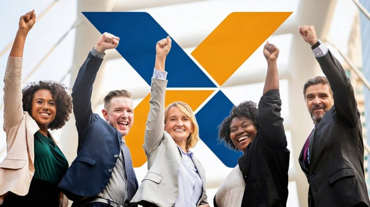 Imagem mostra cinco pessoas com trajes executivos, com os braços erguidos e sorrindo, em postura de celebração. Ao fundo, o "X" do logo da Caixa Econômica Federal