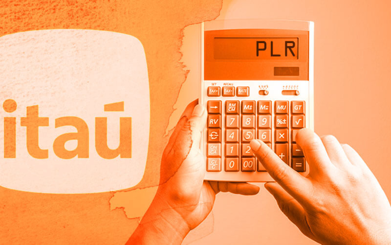Imagem composta de mãos de pele branca segurando uma calculadora. no lado direito, o logo do itaú