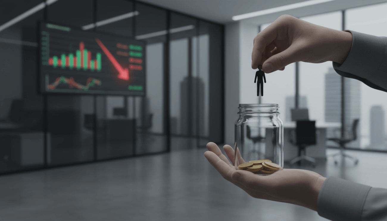 Imagem mostra um homem colocando um boneco de papel dentro de um pote de vidro contendo algumas moedas. À frente dele há um painel exibindo um gráfico em barras e outro em linha, representando queda