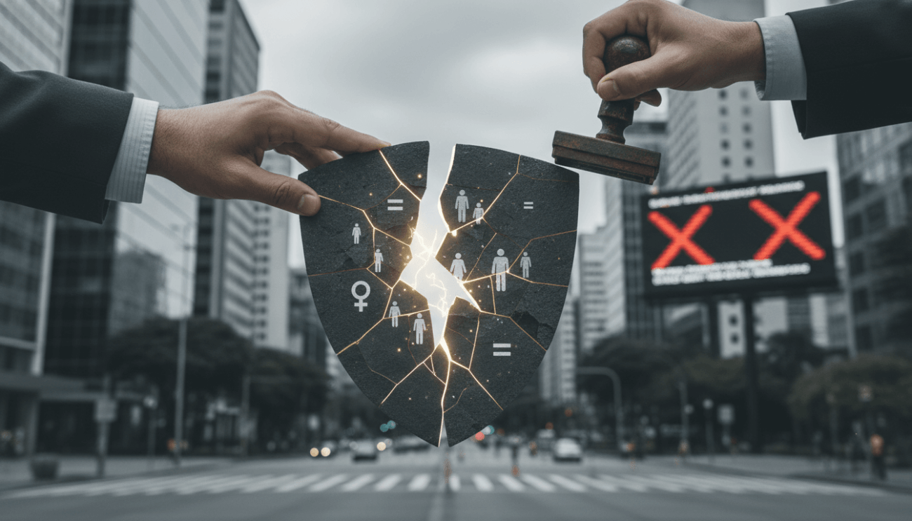 Imagem mostra um homem rasgando um cartaz com símbolos que representam a luta por igualdade de gênero, combate ao racismo
