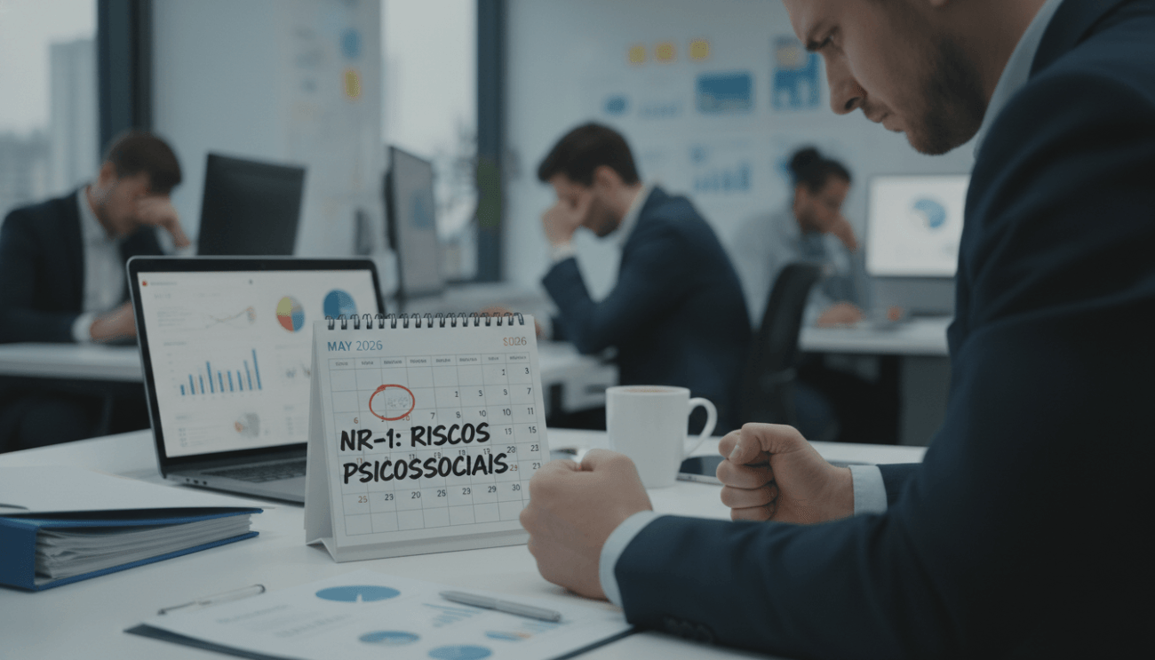Imagem mostra um escritório com homens sentados em frente a computadores e um calendário marcado em maio, por cima do calendário as palavras: NR-1, riscos psicossociais