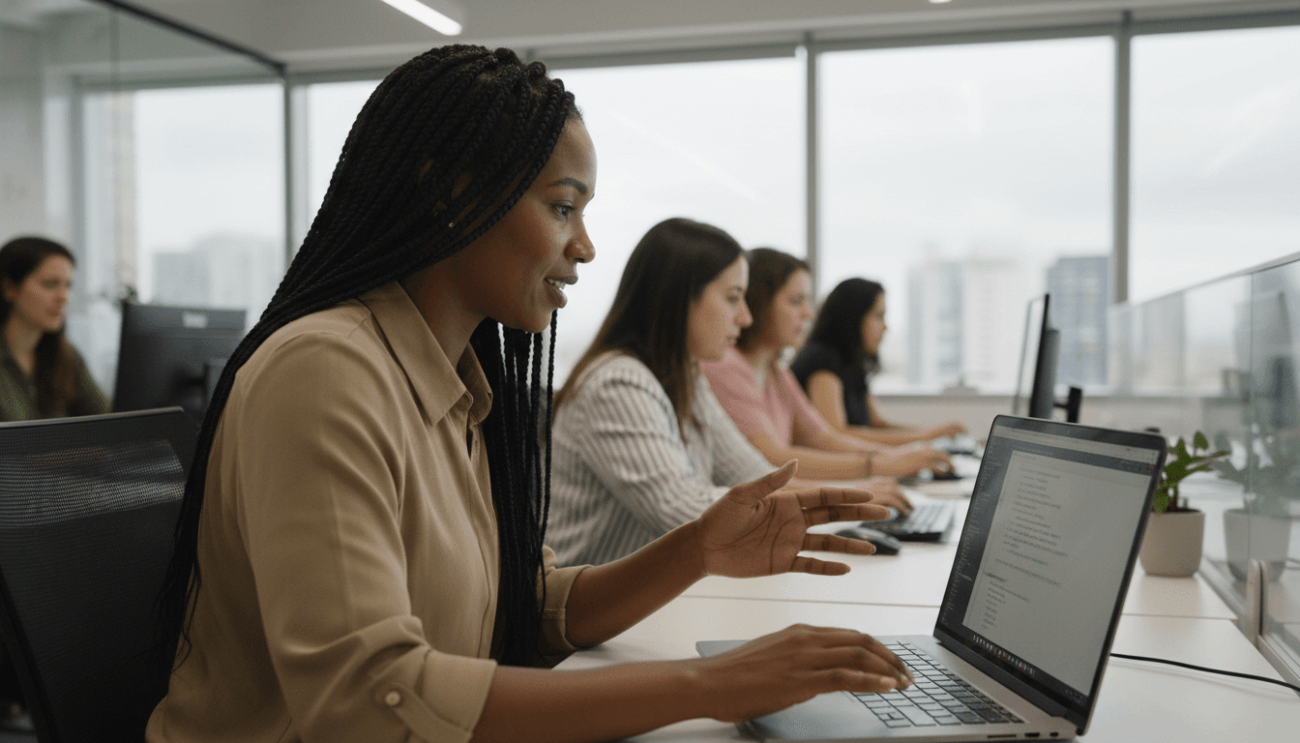 Imagem de mulheres trabalhando em laptops. Em primeiro plano, uma mulher negra, de cabelos trançados