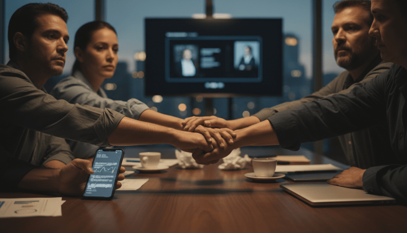 Imagem mostra quatro pessoas sentadas em torno de uma mesa. elas estão com os braços retos e dando as mãos, em sinal de união