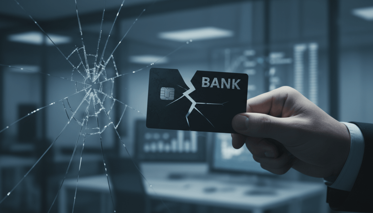 Imagem de uma pessoa segurando um cartão quebrado com a palavra bank