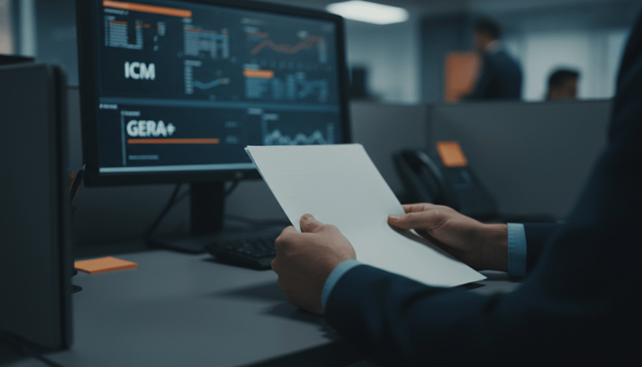 Imagem de um homem em frente ao computador com uma folha de papel nas mãos