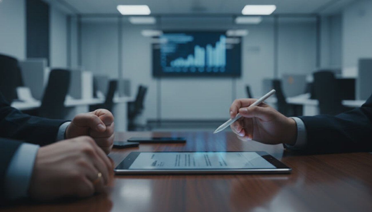 Imagem mostra dois homens sentados frente a frente em uma sala corporativa. A imagem foca nas mãos dos homens. um deles está com os punhos cerrados e outro está com uma caneta na mão em frente a um tablet