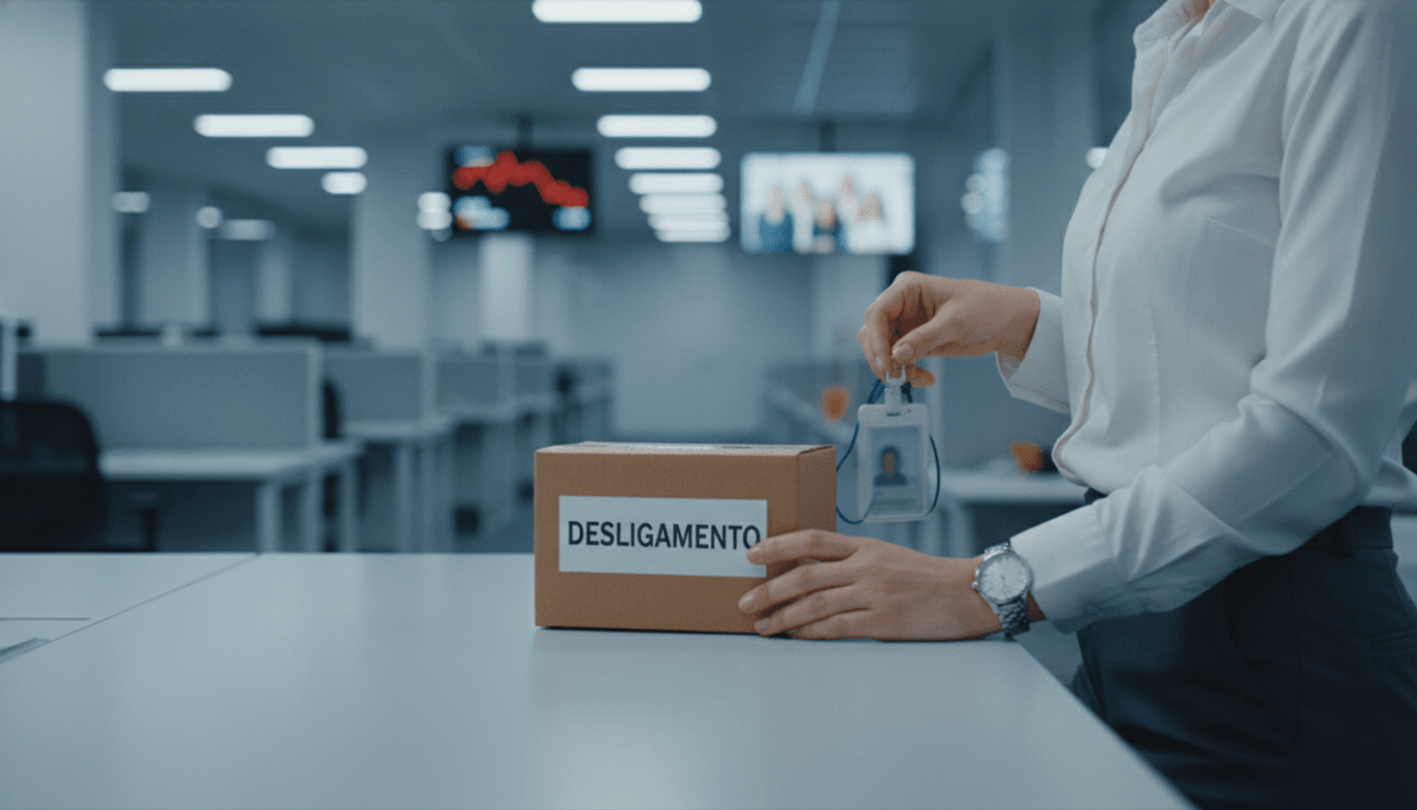 Imagem mostra o dorso de uma mulher em pé diante de uma mesa onde há uma caixa com a palavra "desligamento"