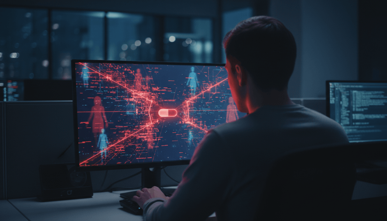 Imagem de um homem, em um ambiente escuro, em frente a uma tela de compuitador, onde se vê uma teia interligando imagens de mulheres