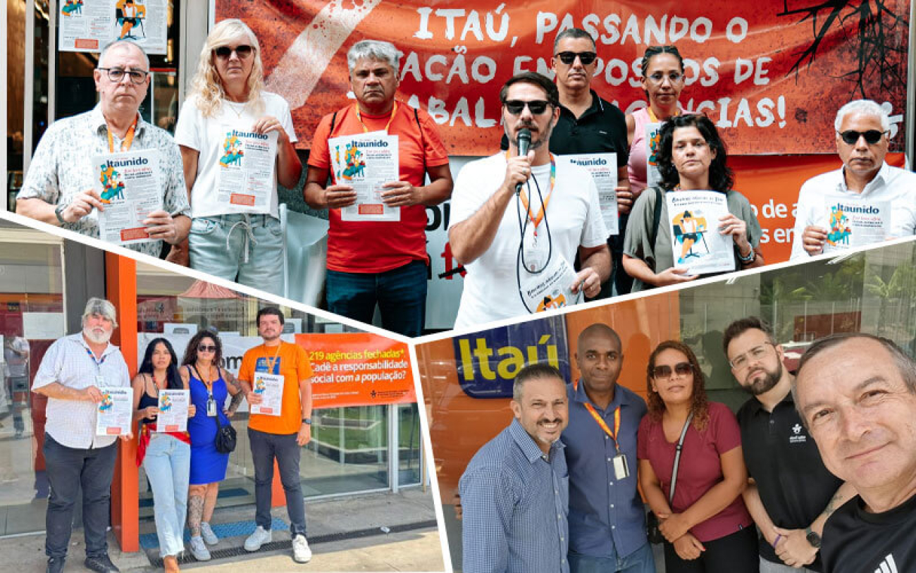 Montagem com fotos de dirigentes nos atos ocorridos nas agências Boa Vista, Teotônio Vilela e Ragueb Chohfi