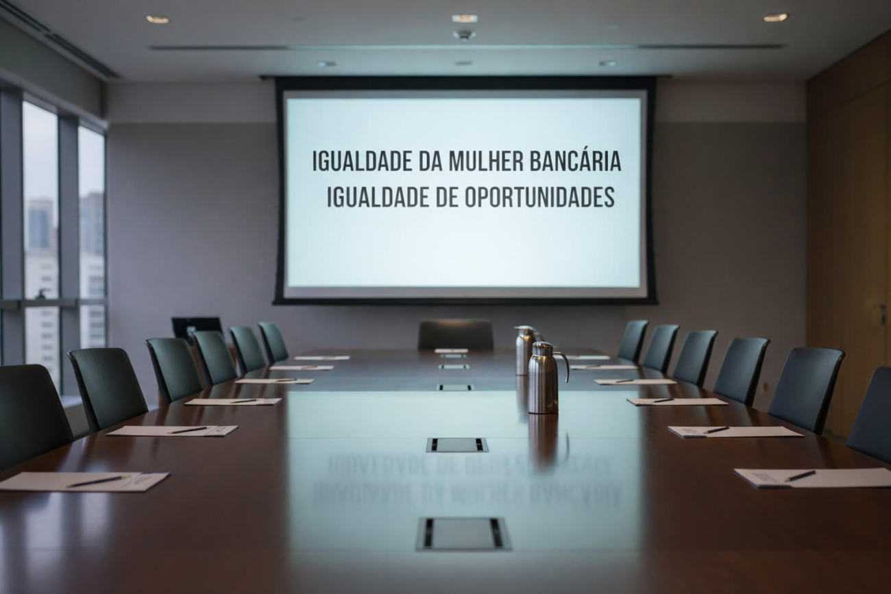 Imagem de uma mesa de negociação, com as frases "Igualdade da Mulher Bancária" e "Igualdade de Oportunidades" projetadas ao fundo.