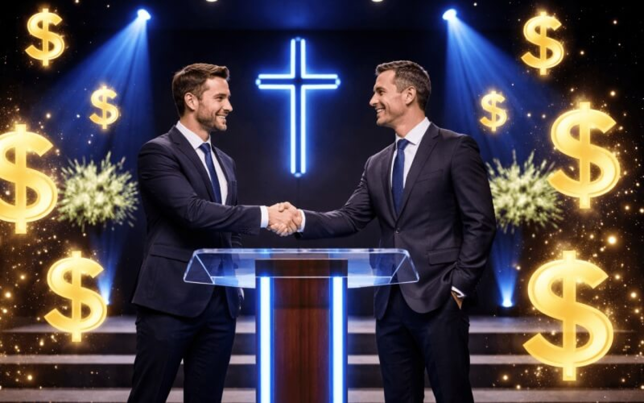 Imagem mostra dois homens de terno e gravata se cumprimentando no púlpito de uma igreja evangélica. Ao lado deles há vários cifrões na cor dourada