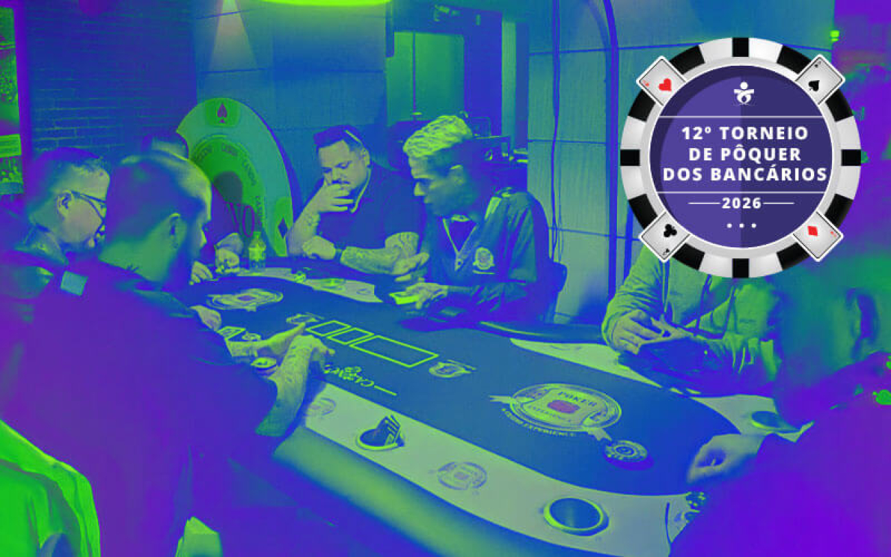 Arte com fundo azul mostra jogadores de pôquer na mesa