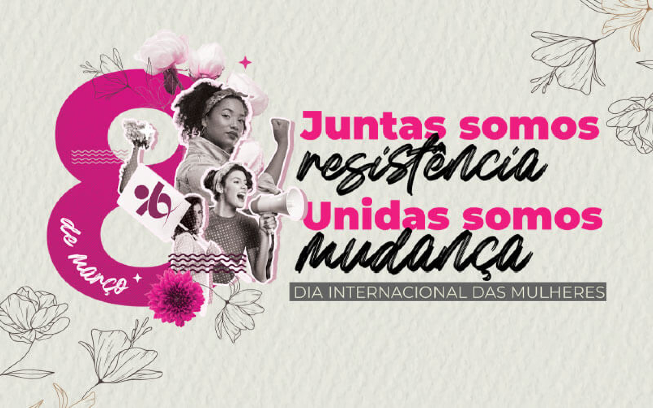 Arte em fundo bege tem escritas em rosa e preto e mulheres fazendo símbolo de força