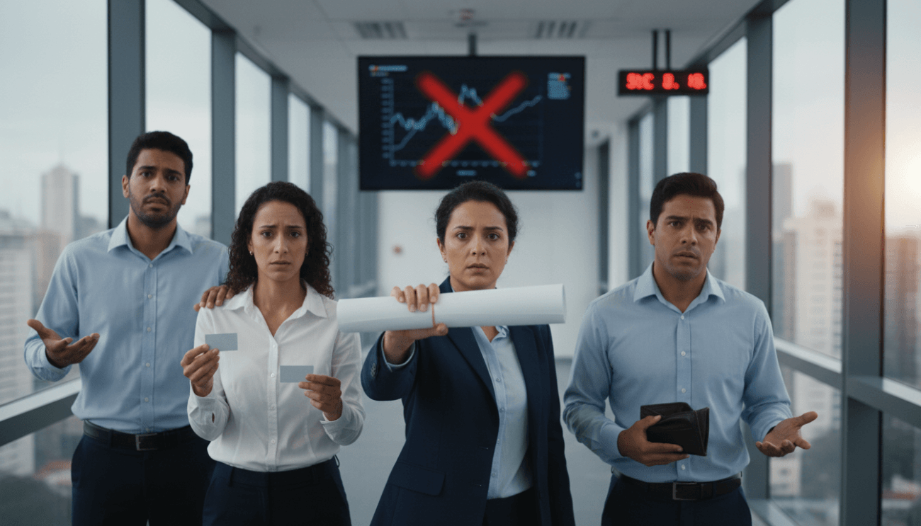 Imagem de pessoas em um escritório lado a lado e em posição de protesto