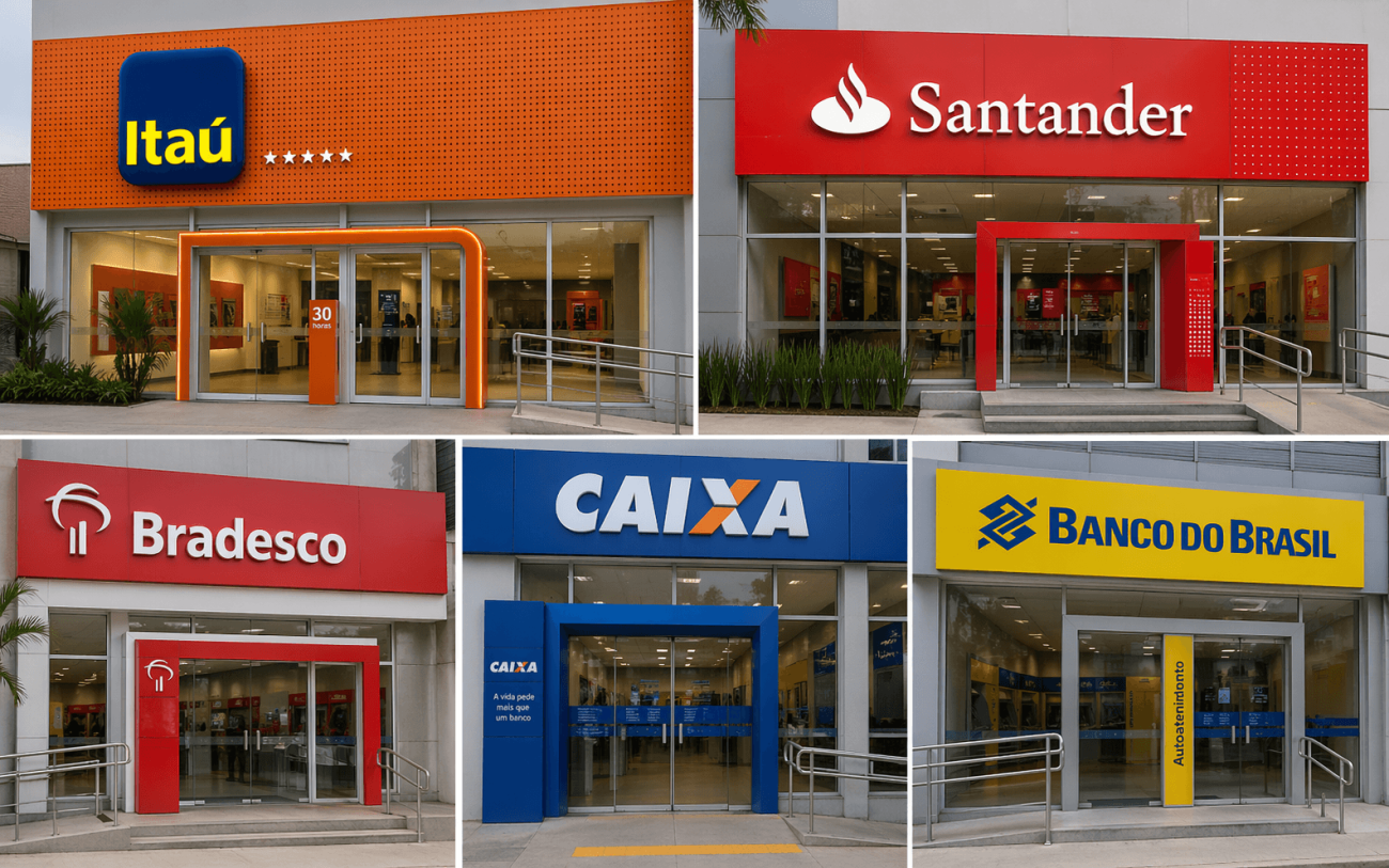 Fotomontagem com imagens de fachadas de agências do Itaú, Santander, Bradesco, Caixa e Banco do Brasil