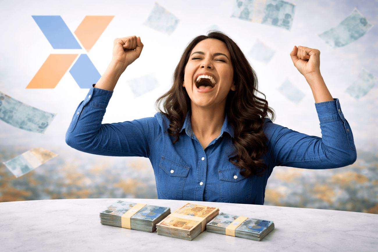 Imagem mostra mulher branca usando uma camisa azul comemorando ao redor de cédulas de dinheiro