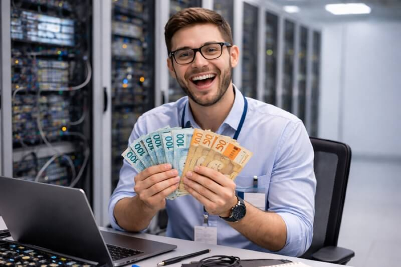 Imagem mostra trabalhador de Ti sorrindo e segurando notas de real. ele é branco e loiro e usa óculos, uma camisa azul clara e um crachá