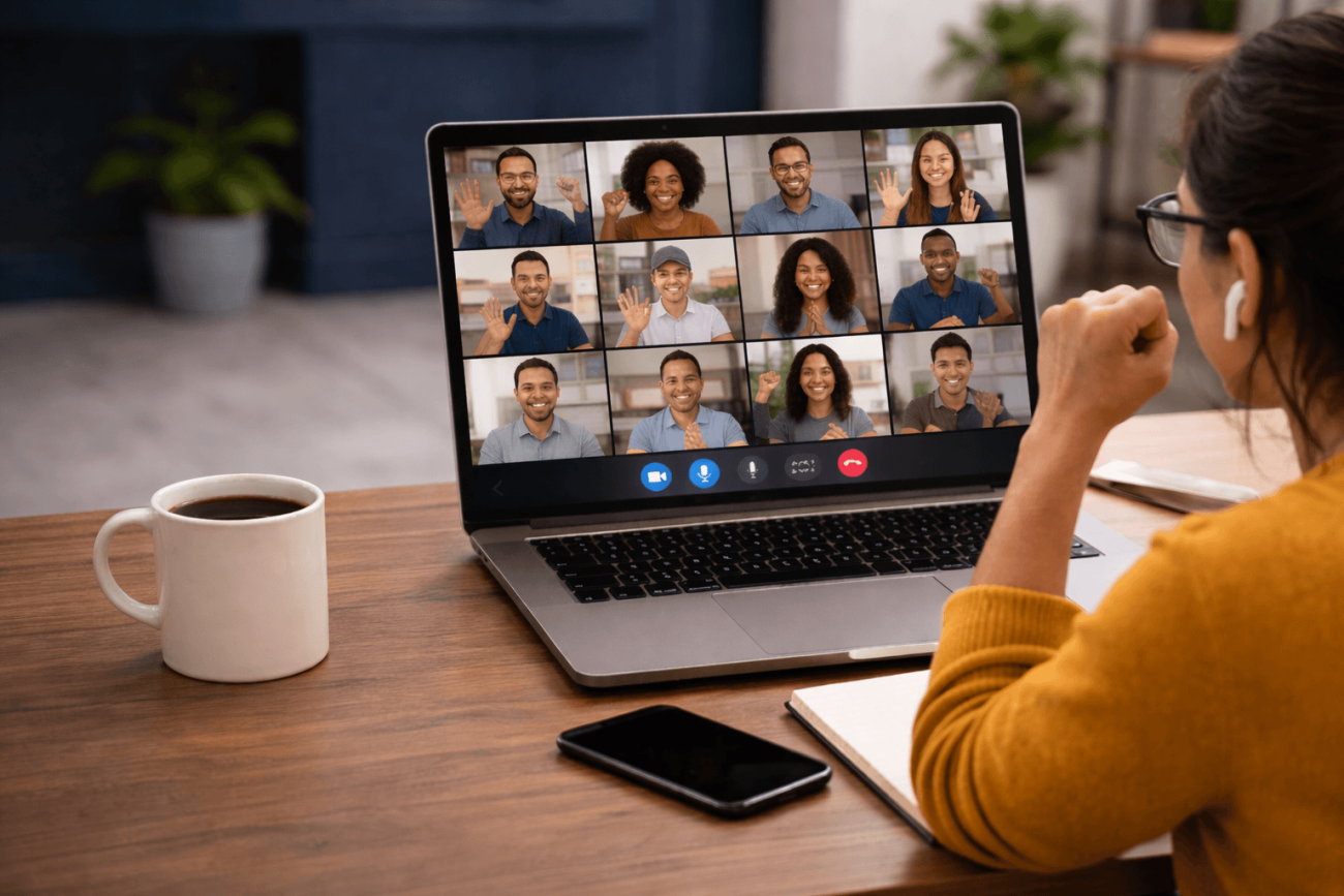 Imagem mostra mulher de costas, em frente a um notebook, participando de uma reunião virtual. a tela do computador projeta vários rostos de pessoas entusiasmadas