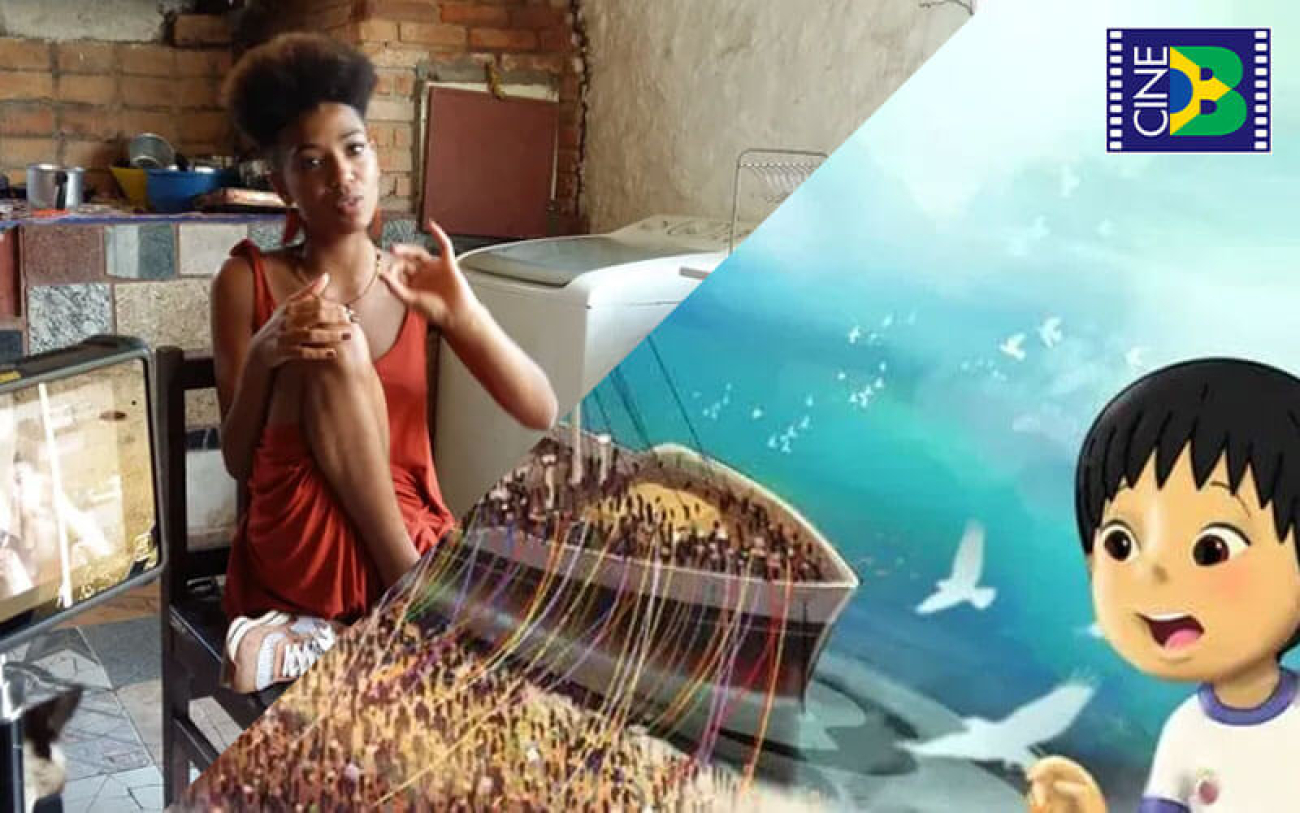 Imagem cortada na diagonal separando uma cena do documentário "Dentro da minha pele" no qual mostra uma das pessoas sendo entrevistada e do outro lado uma cena de "Eu e Meu Avô Nihonjin" no qual mostra um garoto de animação e uma grande embarcação. No canto direito superior a logo do CineB