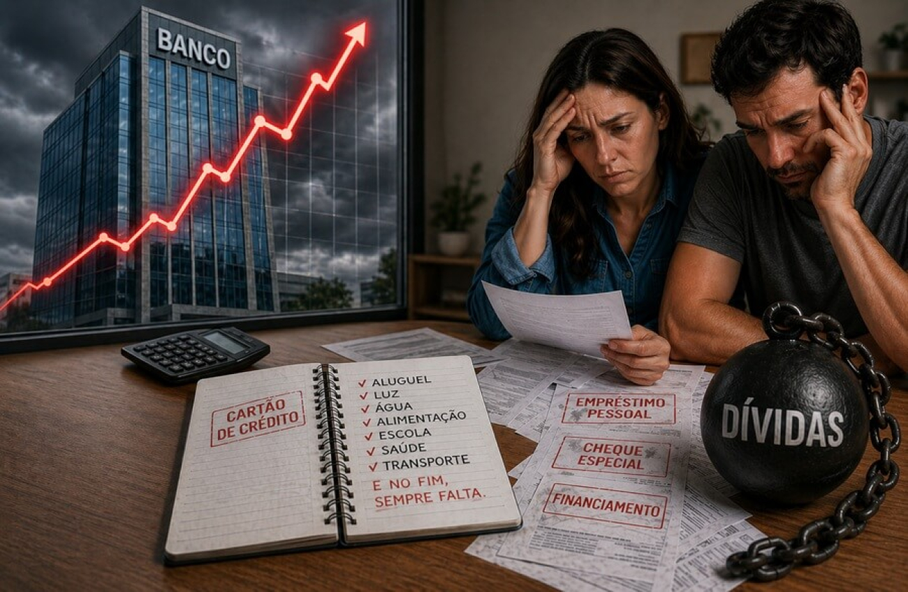 Imagem mostra um casal com semblante preocupado diante de boletos. no canto esquerdo, há um prédio com uma placa onde se lê "banco"