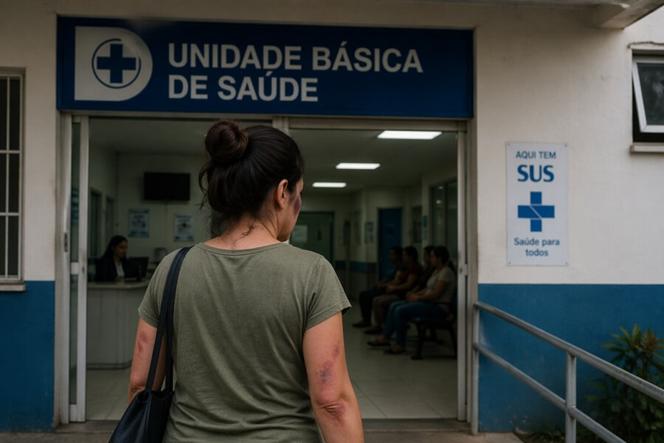Imagem mostra mulher vítima de violência buscando atendimento em uma unidade báscia de saúde