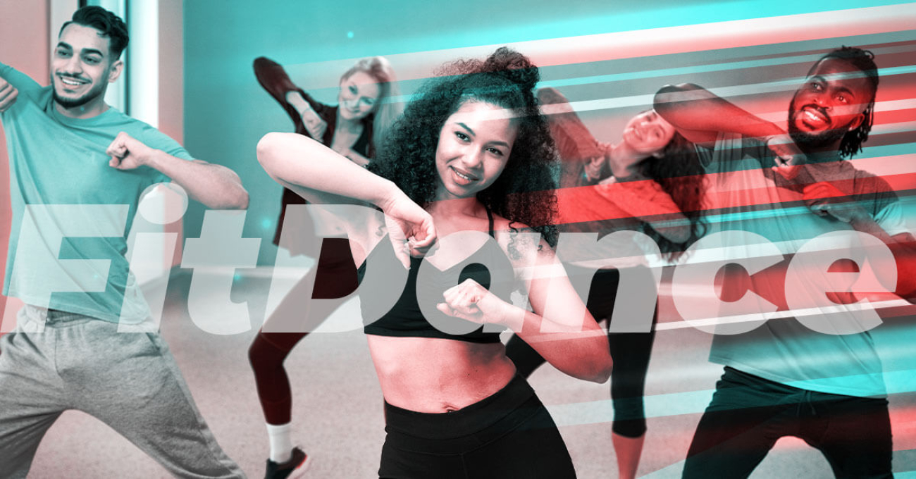 Imagem mostra pessoas fazendo coreografias durante uma aula. A imagem contém um filtro onde se lê a palavra FitDance